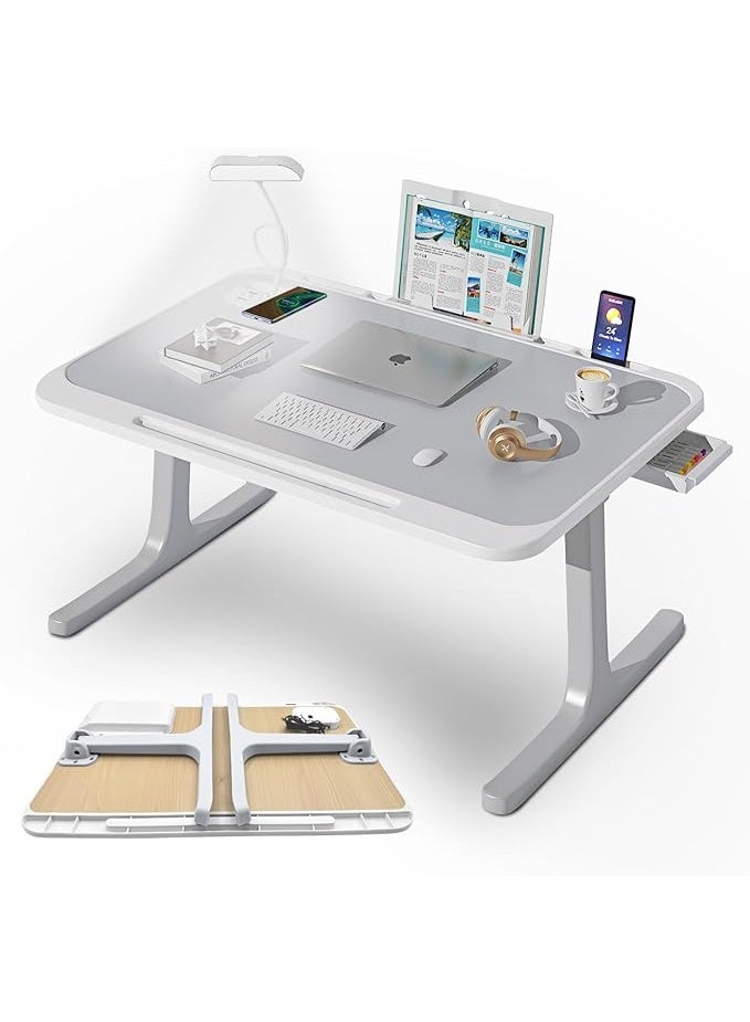 طاولة لاب توب للسرير مع إضاءة LED وشاحن لاسلكي، مكتب لابتوب قابل للطي مع حامل كتب ومنفذ USB، طاولة دراسة محمولة مع درج تخزين للعمل والقراءة - Image 1